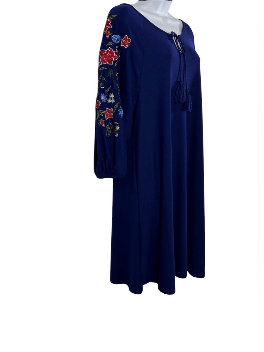 Alison Brittney Navy Blue Embroidered Sleeve Boho Dress Size L - Picture 2 of 12